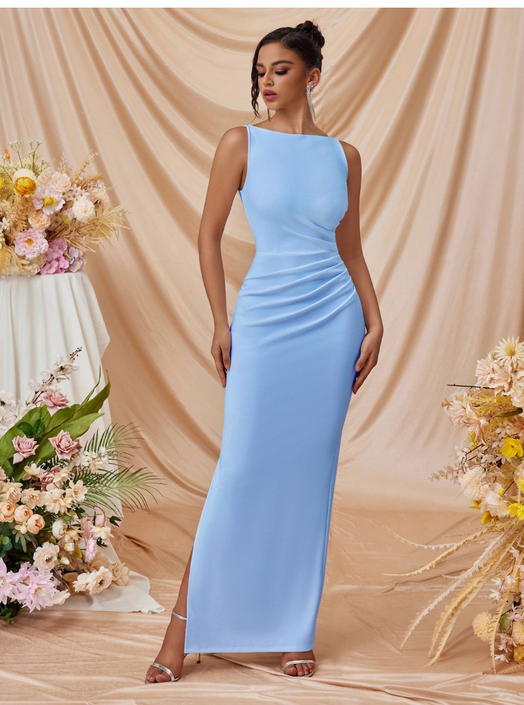 Elegant High-Slit Bodycon Dress For Women - Sleeveless, Stretchy Polyester Blend, Summer Casual & Party Wear (XS/S/M/L)_ecoleips.com