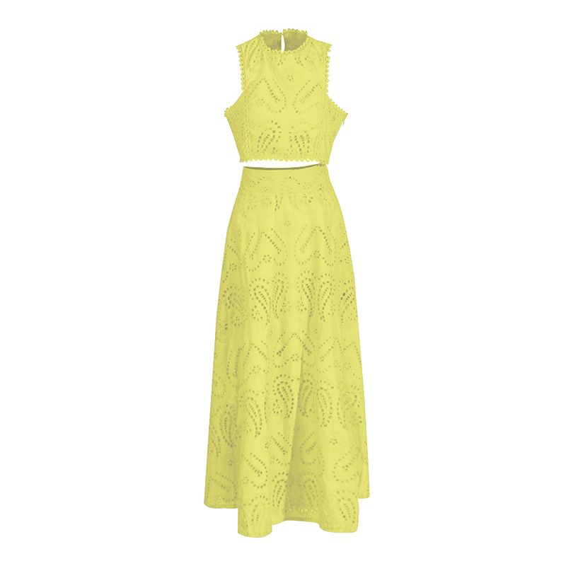 Women's Clothing Round Neck Sleeveless Waist Vest High Waist Skirt Embroidery Two Piece Suit_ecoleips.com