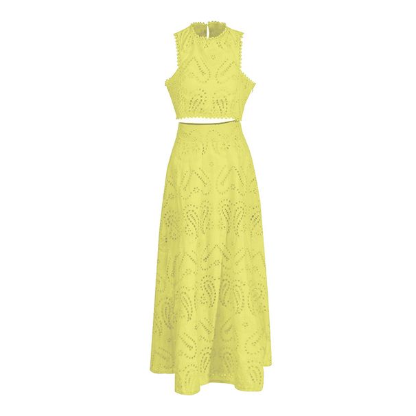 Women's Clothing Round Neck Sleeveless Waist Vest High Waist Skirt Embroidery Two Piece Suit_ecoleips.com