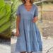 Summer Women's V Neck Casual Dress Sweet Fresh Style Solid Color Large Swing Skirt Dress New Fashion_ecoleips.com