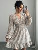 Women's Ditsy Floral Print Shirred V Neck A Line Dress, Elegant Bishop Sleeve Short Dress For Spring & Fall_ecoleips.com
