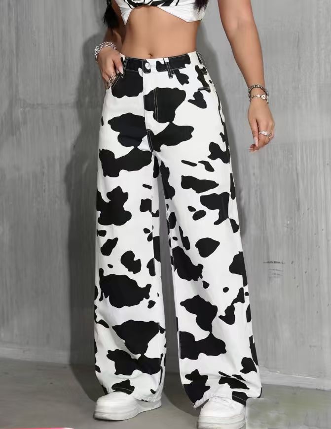 Women's High-Waisted Cow Print Wide Leg Pants Slimming Straight Leg Faux Jeans European American Style Retro Y2K Unique Print_ecoleips.com