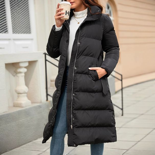 Women's Clothing Autumn And Winter Long Belt Pocket Thick Warm Solid Color Casual Slim Cotton Outer_ecoleips.com
