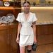 European And American Satin Suit Skirt Women's Spring And Summer New Old Money Wind Lace Splicing Short-sleeved Top Two-piece Women's Clothing_ecoleips.com