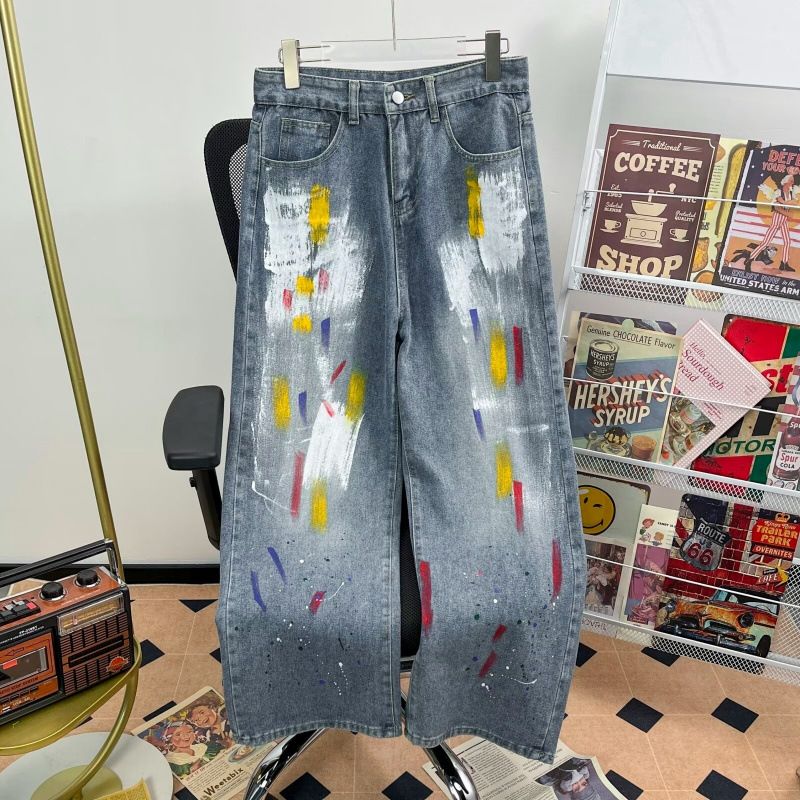Women's Clothing Heavy Beaded Painted Worn Fashionable All Match Straight Wide Leg Pants_ecoleips.com
