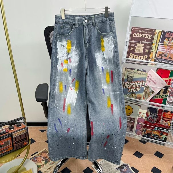 Women's Clothing Heavy Beaded Painted Worn Fashionable All Match Straight Wide Leg Pants_ecoleips.com