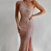 Women’s Clothing Winter New Women's Wear Pink Slit Long Skirt One Shoulder Sequined Dress_ecoleips.com
