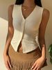 Women's Summer V-Neck Button-Up Sleeveless Vest Top - Slim Fit Cropped Casual Blouse_ecoleips.com