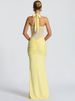 Mozision Halter Backless Sexy Maxi Dress Women Fashion Patchwork Off-shoulder Sleeveless Ruched Draped Bodycon Club Party Dress_ecoleips.com