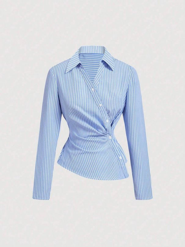Aria Basics Aria Basics European American Women's Clothing: Blue White Striped Asymmetrical Long-sleeve Shirt With Unique Twisted Design,_ecoleips.com