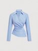 European American Women's Clothing: Blue White Striped Asymmetrical Long-sleeve Shirt With Unique Twisted Design,_ecoleips.com
