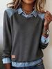 Women's Denim-Collar Knit Top – Long Sleeve Contrast Panel Pullover Sweater (7 Colors, Plus Size 3XL)_ecoleips.com