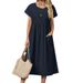 Women's Clothing Women's Long Skirt New Solid Color Round Neck Pocket Pleated Short Sleeve Cotton And Linen Dress_ecoleips.com