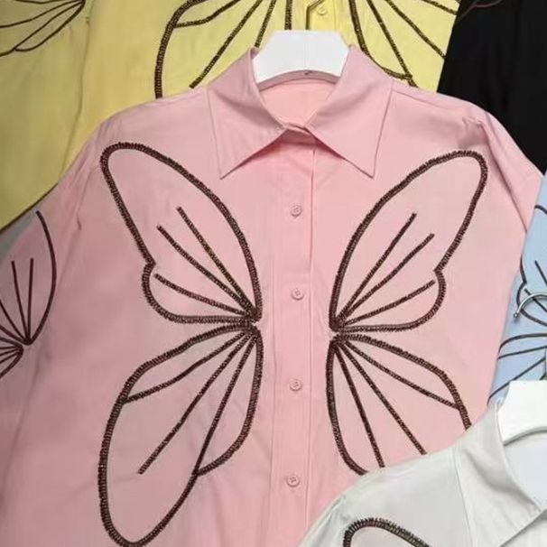 French Style Women's Heavy Duty Shirt Unique Design Butterfly Pattern Elegant Commuter Top For Spring And Autumn_ecoleips.com