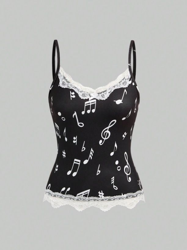 Y2k Music Note Lace Bow Tie Cami Top For Women, Chic Sleeveless Bustier Style Blouse For Retro Party & Daily Wear_ecoleips.com