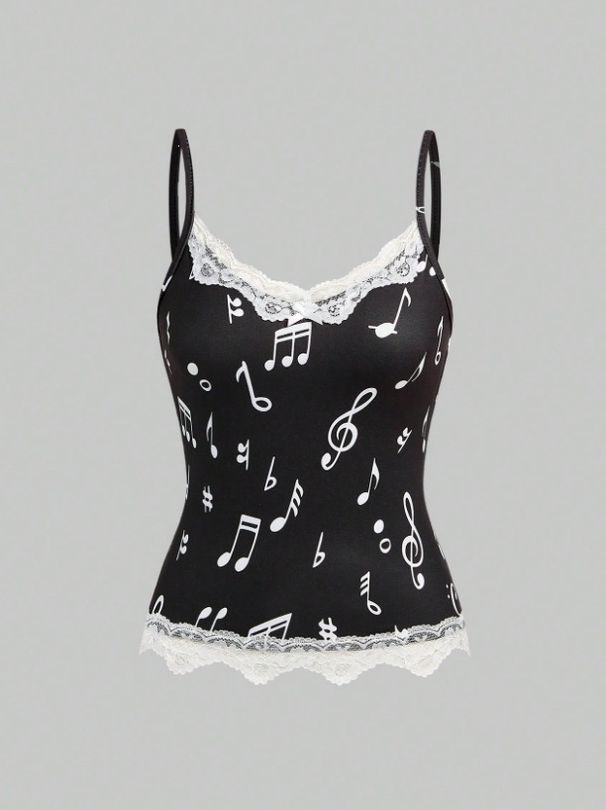 Y2k Music Note Lace Bow Tie Cami Top For Women, Chic Sleeveless Bustier Style Blouse For Retro Party & Daily Wear_ecoleips.com