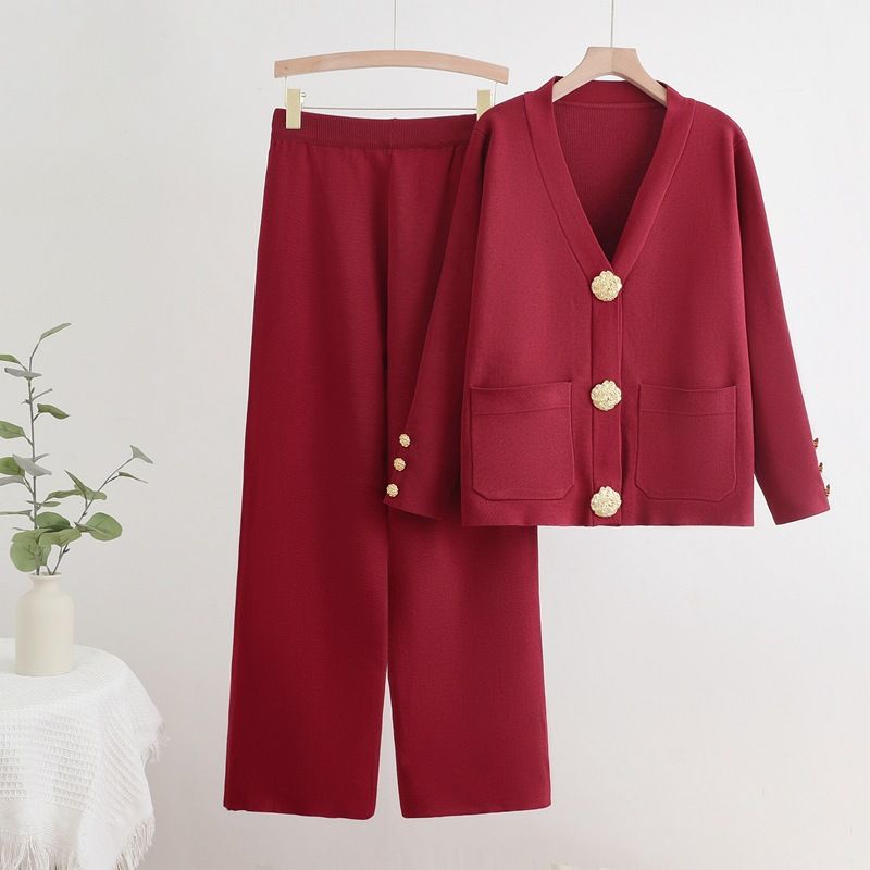 Women's Large Button Knitted Sweater And Wide Leg Pants Two Piece Suit Casual Loose Fit Autumn Winter Trendy Outfit_ecoleips.com