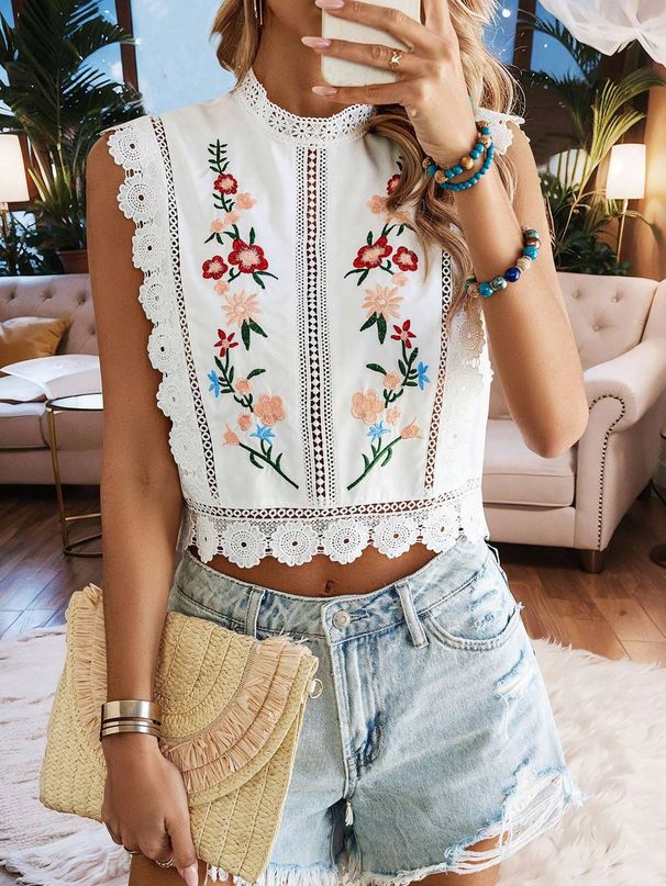 Women's Clothing Lace Embroidery Plant Round Neck Sleeveless Hollow T Shirt Chiffon Shirt_ecoleips.com