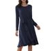 Women's Elegant Solid Color Long Sleeve Dress Slim Fit Crew Neck Mid Waist Belted Daily Evening Dresses_ecoleips.com