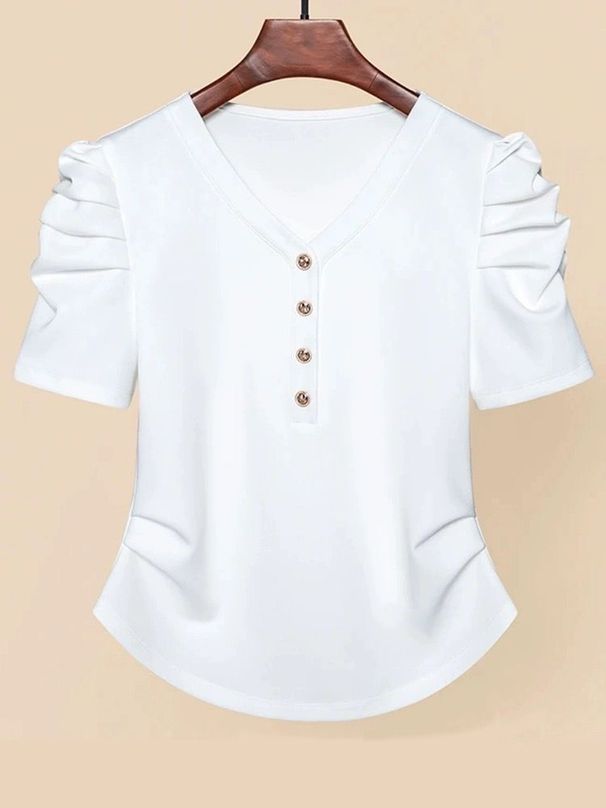 Women's Clothing New Style Puff Sleeve Slim Short Sleeve High End Niche Pleated T Shirt Female Slim Top Ins_ecoleips.com