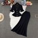 French Style Two Piece Women's Set Elegantly Fitted V Neck Knit Top With Ruffled Hem And Bodycon Skirt For Spring/Autumn/Summer_ecoleips.com
