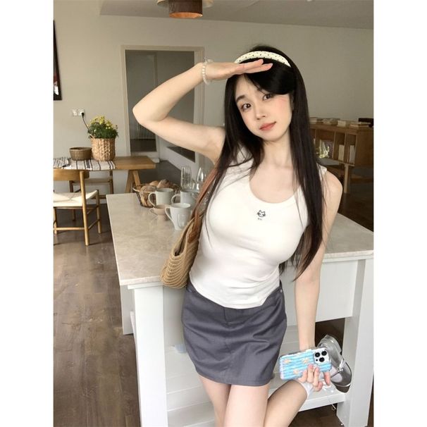 Retro Slim-fit Basic Cat-embroidered Tank For Women, Summer Sweet And Spicy Versatile Outerwear Top Ins_ecoleips.com