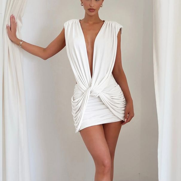European And American Style Women's Summer Sleeveless Dress Q26DS014 Solid Color Casual Cross Knot Pleated Slim Short Dress_ecoleips.com