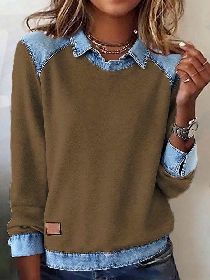 Women's Denim-Collar Knit Top – Long Sleeve Contrast Panel Pullover Sweater (7 Colors, Plus Size 3XL)_ecoleips.com