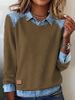 Women's Denim-Collar Knit Top – Long Sleeve Contrast Panel Pullover Sweater (7 Colors, Plus Size 3XL)_ecoleips.com