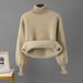 High Neck Fleece Lined Ribbed Sweater Women's Autumn Winter Knitwear Lazy Inner Style_ecoleips.com