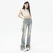 American Retro Cream-colored Stretch Denim Flared Pants, 2025 Autumn And Winter New High-waisted Straight-leg_ecoleips.com