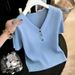 Women's Summer Thin T-Shirt Colorful Buttons Ice Silk V Neck Short Sleeve Knitwear Loose Fit Tummy Covering Youthful_ecoleips.com