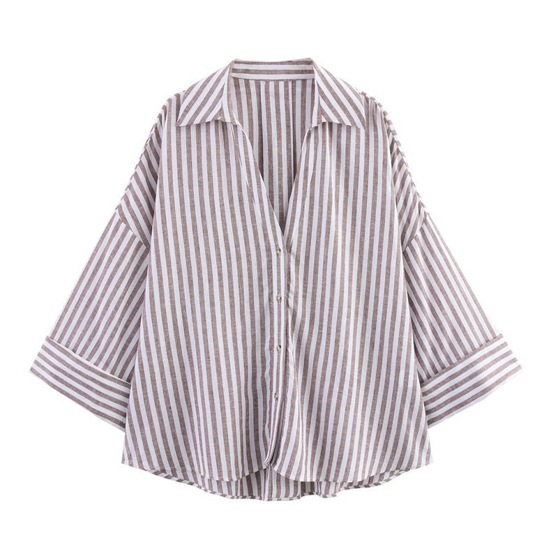 Women's Fashionable Casual Striped Shirt Spring/Summer European American Style Collared Wide Sleeved Blouse Regular Fit Polyester_ecoleips.com