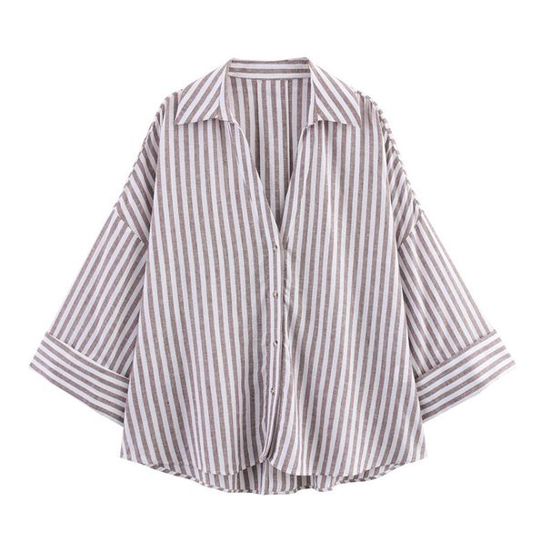 Women's Fashionable Casual Striped Shirt Spring/Summer European American Style Collared Wide Sleeved Blouse Regular Fit Polyester_ecoleips.com