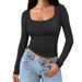 Voya Women's Simple And Pure Style U-neck T-shirt For Spring And Summer, Tight Fitting And Revealing Figure, Base Top_ecoleips.com