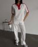 Women's Clothing Fashion New Contrast Color Suit Color Matching Polo Shirt Short Sleeved Top Lace Up Striped Trousers Two Piece Suit_ecoleips.com