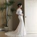 off the Shoulder Mermaid Wedding Dress Lace Long Sleeves Short Train Elegant Vintage Style Light Gown Women's Clothing_ecoleips.com