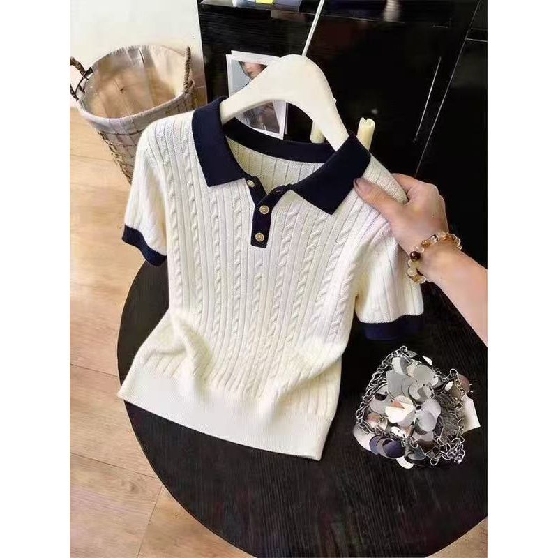 Women's Korean Style Ice Silk Knit T-Shirt Summer Thin Petite Cable Knit Short-Sleeved Collared Top_ecoleips.com
