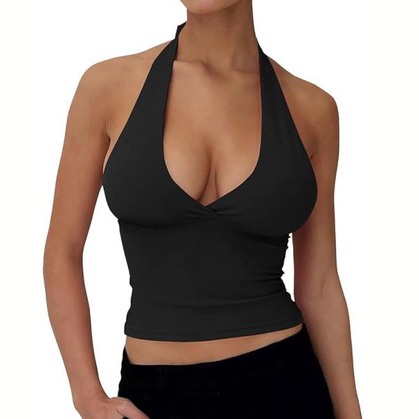 Women's Slim Fit Halter Neck Tank Top Solid Color Milk Silk Backless European American Fashion Spring Summer New Import_ecoleips.com