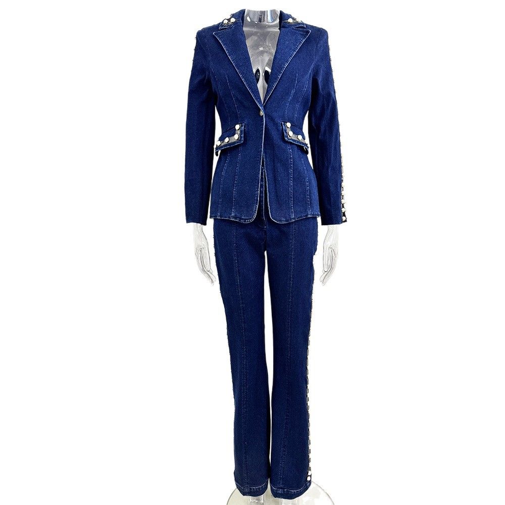 K New Fashion Heavy Industry Nail Bead Cowboy Jacket Pants Set Two Piece Set_ecoleips.com