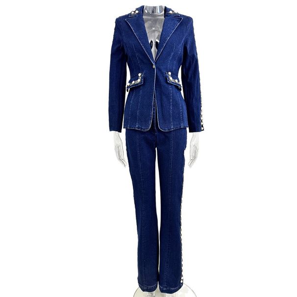 K New Fashion Heavy Industry Nail Bead Cowboy Jacket Pants Set Two Piece Set_ecoleips.com