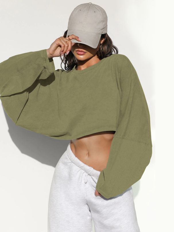 Women's Cropped Knit Sweatshirt Long Sleeve Casual T-Shirt Top - Low Round Neck, Loose Fit, Solid Colors, Comfortable Stretchy Fabric_ecoleips.com