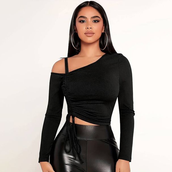 Voya Hot Selling Women's Clothing, European And American Trendy T-shirt, Spring And Summer Diagonal Collar Strap, Off Shoulder Slim Fit Solid Color Top_ecoleips.com