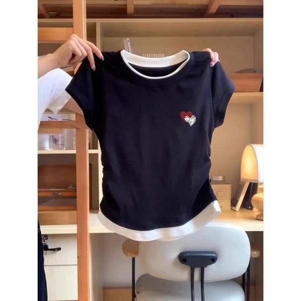 Women's Short Sleeve Crop Top – Color Blocked Mock Two-Piece Design With Ruffled Waist & Slim Fit_ecoleips.com