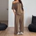 Women's Asymmetrical Neck Wide Leg Jumpsuit Set Casual Knit Two Piece Outfit with 5/4 Sleeve T-Shirt And Trousers Solid Color Loungewear_ecoleips.com