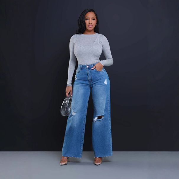 Women’s High-Waisted Ripped Wide-Leg Jeans – Straight Cut Distressed Denim Pants (Dark Blue/Light Blue, Sizes S-XXL, Comfort Stretch)_ecoleips.com