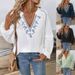 Women's Clothing Fashionable V Neck Embroidered Cotton Top For Women Ethnic Style Pure Cotton Blouse For Formal & Casual For Women_ecoleips.com