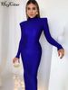 Hugcitar Solid Long Sleeve With Shoulder Pads Turtleneck Maxi Dress 2022 New Year Women Fashion Streetwear Elegant Skinny_ecoleips.com