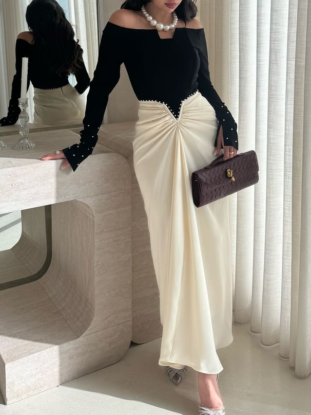 Women's Clothing Elegant Bodycon Pearl Dress – Color Blocked Evening Gown For Parties & Special Occasions_ecoleips.com