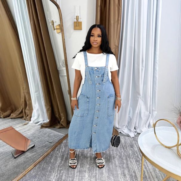 Women's Denim Overalls Dress Single Row Button Knee-Length Strap Jumpsuit Casual A-Line Jumper For Summer_ecoleips.com